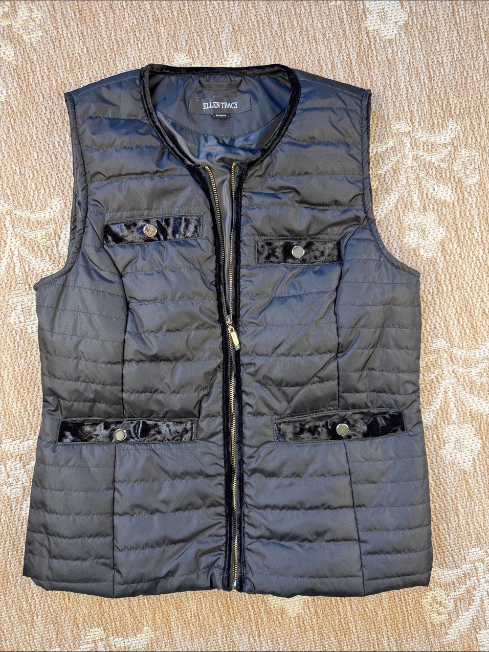 Ellen Tracy Quilted Black Vest with Velvet Pocket Trim
